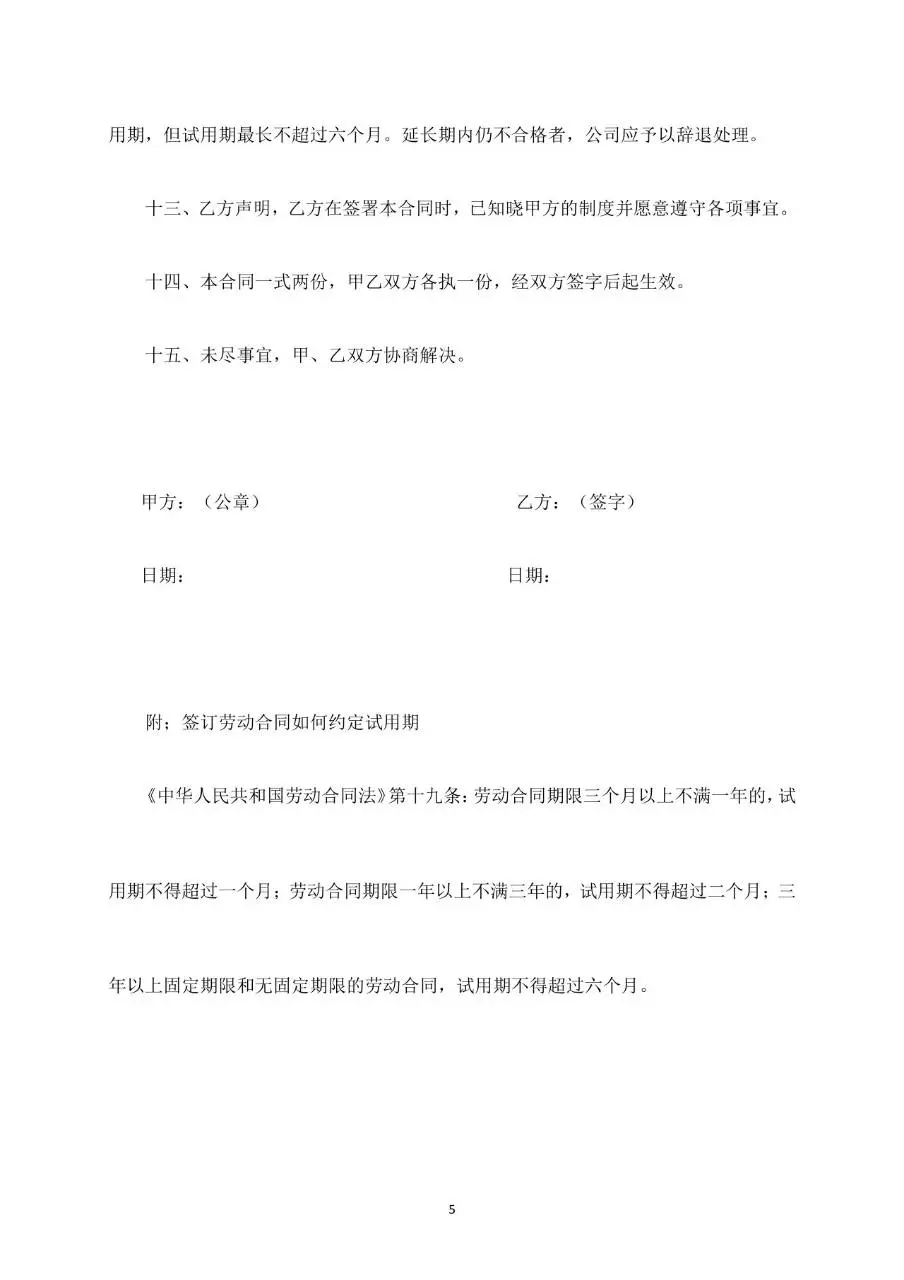员工试用期劳动合同标准文档模板 - 第5页