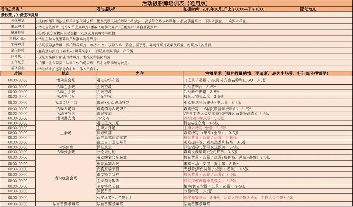 活动摄影师培训通用版Excel表格 活动拍摄流程要求规范管理表 - 第1页