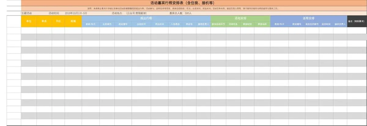 活动嘉宾行程安排表含住宿接机等信息Excel表格模板 - 第1页
