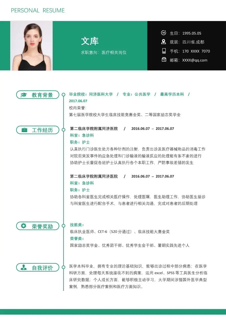 医疗相关岗位医护专业求职个人简历Word模板 - 第1页