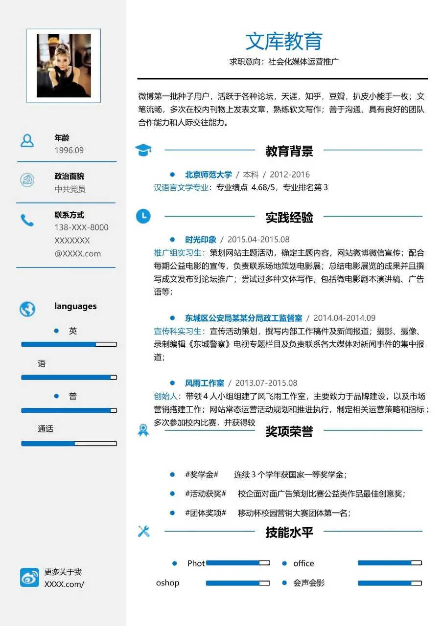 社会化媒体运营推广求职个人简历Word模板 - 第1页
