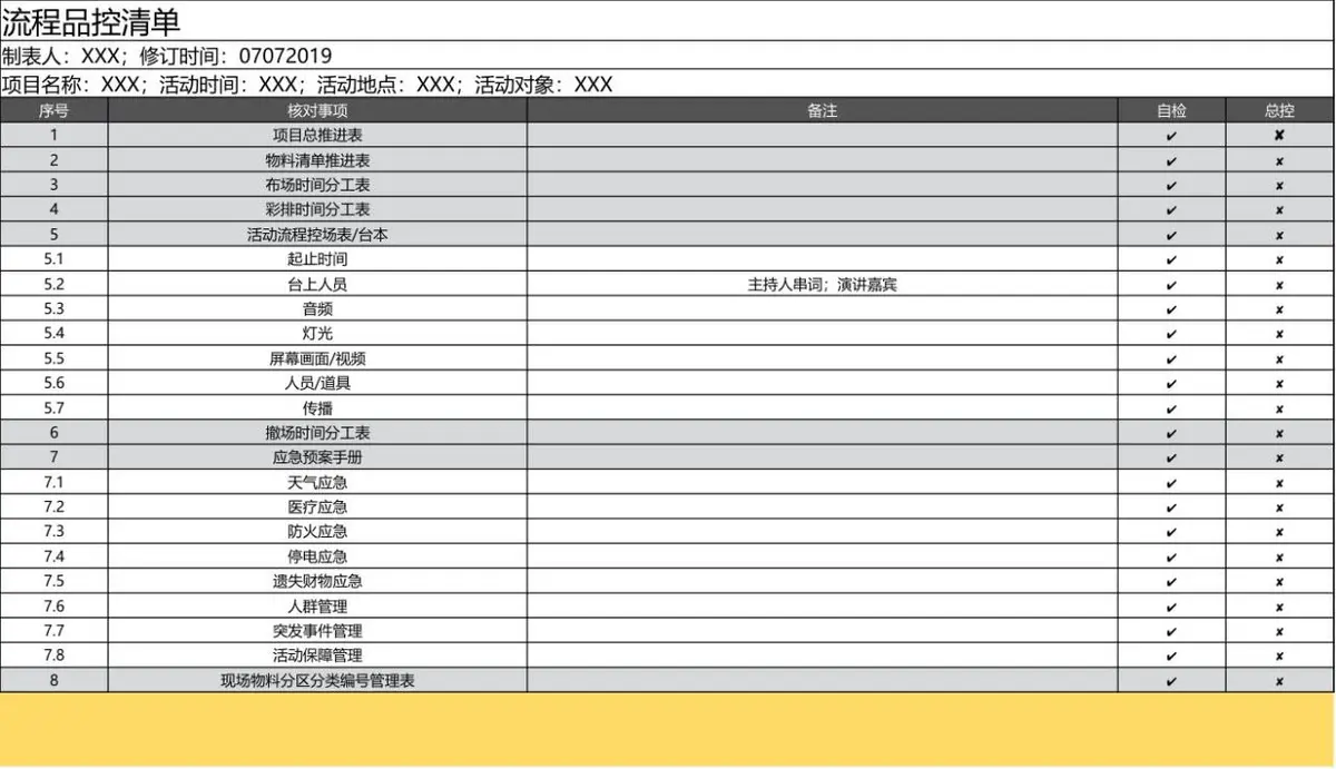 项目需求品控清单Excel表格 活动项目全流程需求核对登记模板 - 第5页