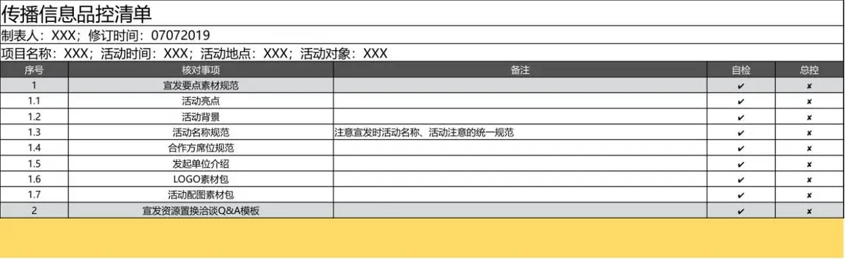 项目需求品控清单Excel表格 活动项目全流程需求核对登记模板 - 第7页