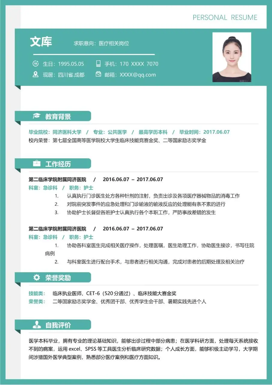 医疗相关岗位医护求职个人简历Word模板 - 第1页