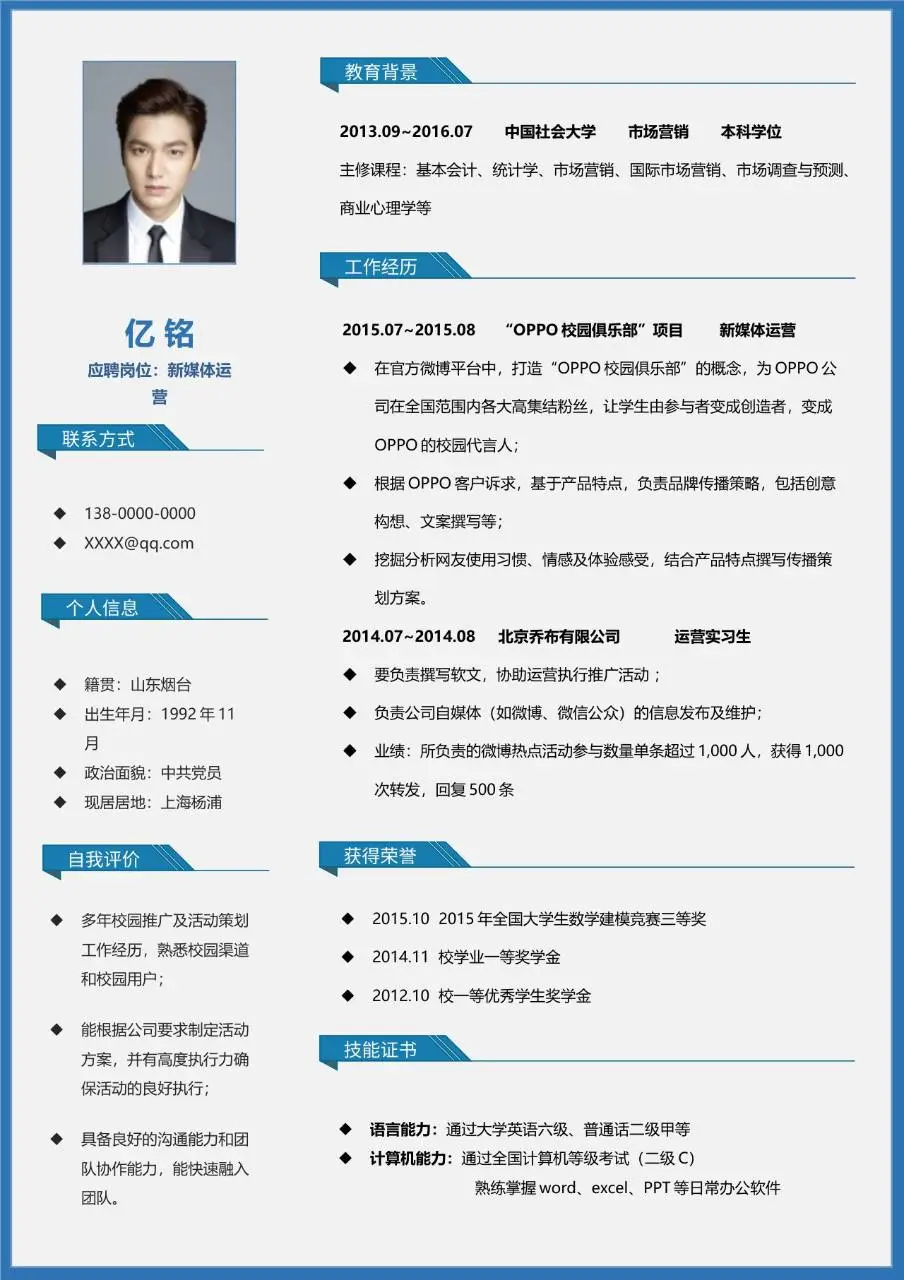 新媒体运营岗位求职个人简历Word模板 - 第1页