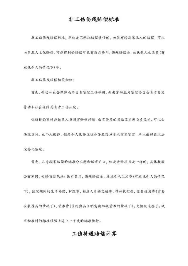 非工伤伤残赔偿标准及工伤待遇赔偿计算参考Word文档模板 - 封面预览