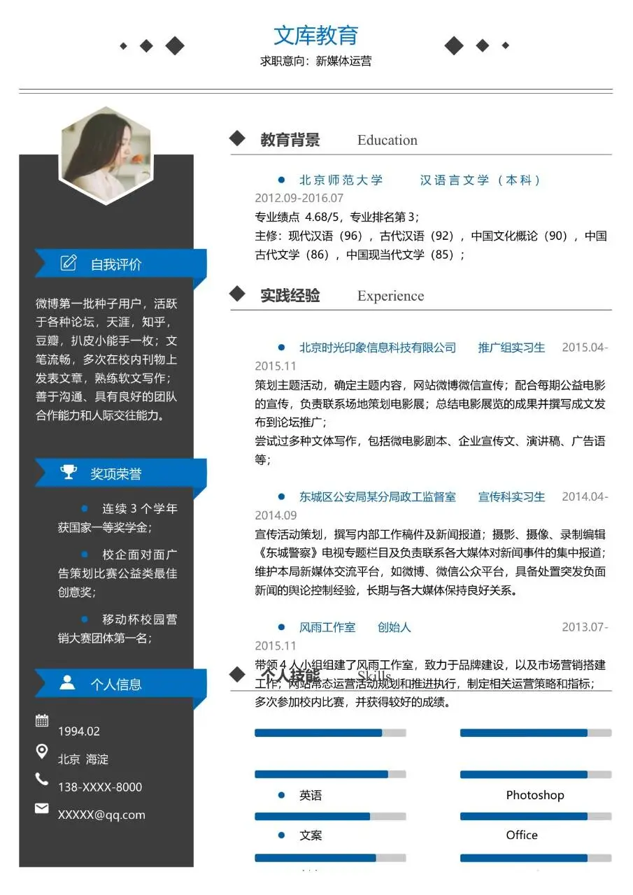 新媒体运营求职个人简历Word模板 含教育背景实践经验等完整求职模块 - 第1页