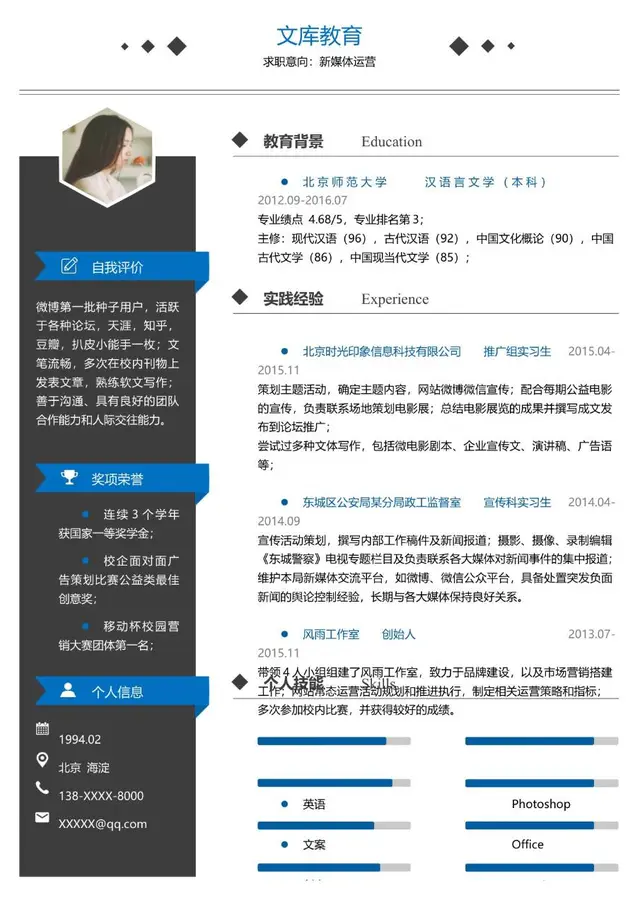 新媒体运营求职个人简历Word模板 含教育背景实践经验等完整求职模块 - 封面预览