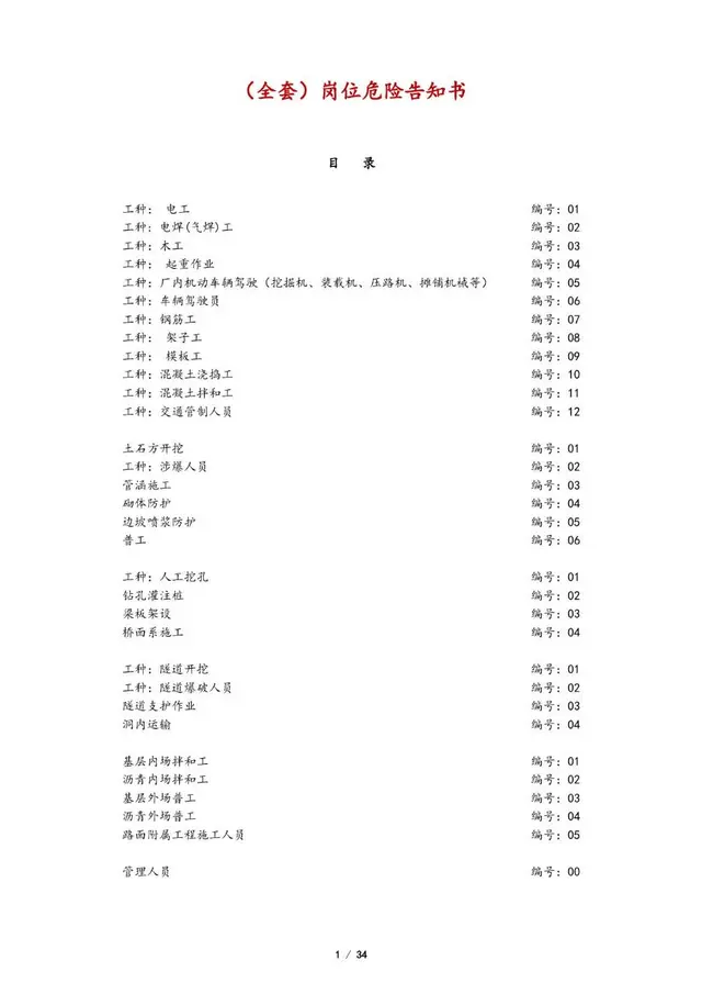 全套岗位危险告知书Word文档模板 覆盖多工种施工岗位安全告知文书 - 封面预览