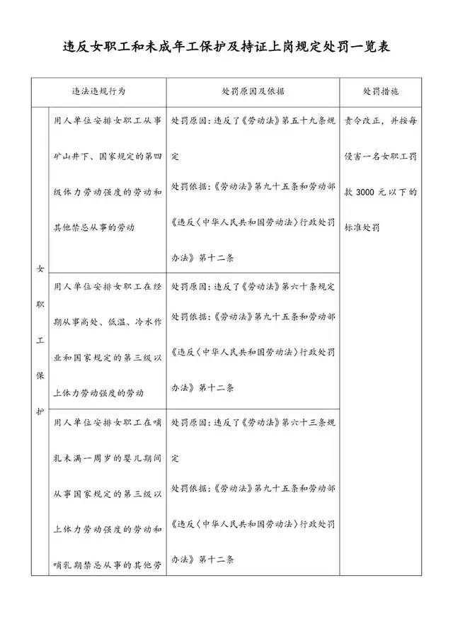 违反女职工和未成年工保护及持证上岗规定处罚一览表格模板 - 封面预览