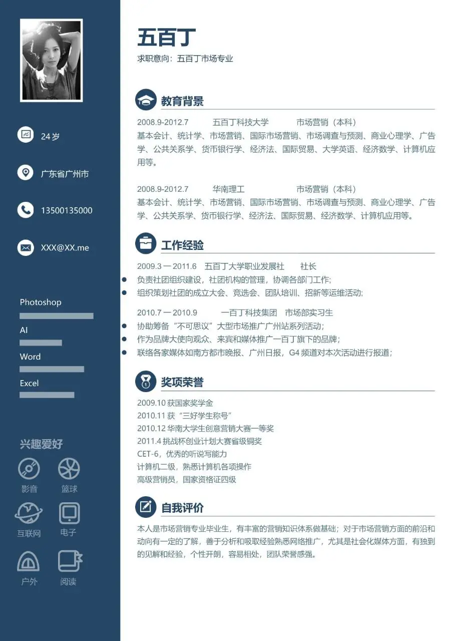 市场营销专业求职简历Word模板 含教育背景工作经验奖项荣誉等完整模块 - 第1页