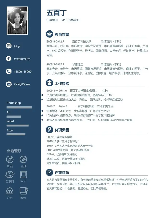 市场营销专业求职简历Word模板 含教育背景工作经验奖项荣誉等完整模块 - 封面预览