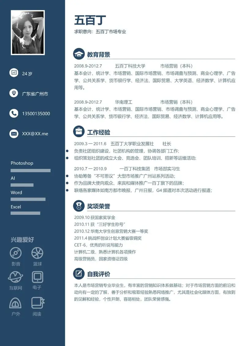 市场营销专业求职简历Word模板 含教育背景工作经验奖项荣誉等完整模块 - 封面预览
