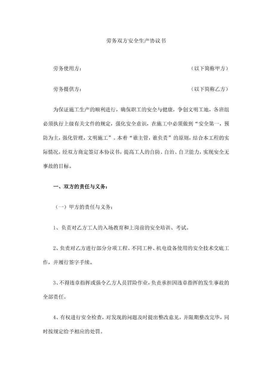 劳务双方安全生产协议书标准Word文档模板 - 第1页