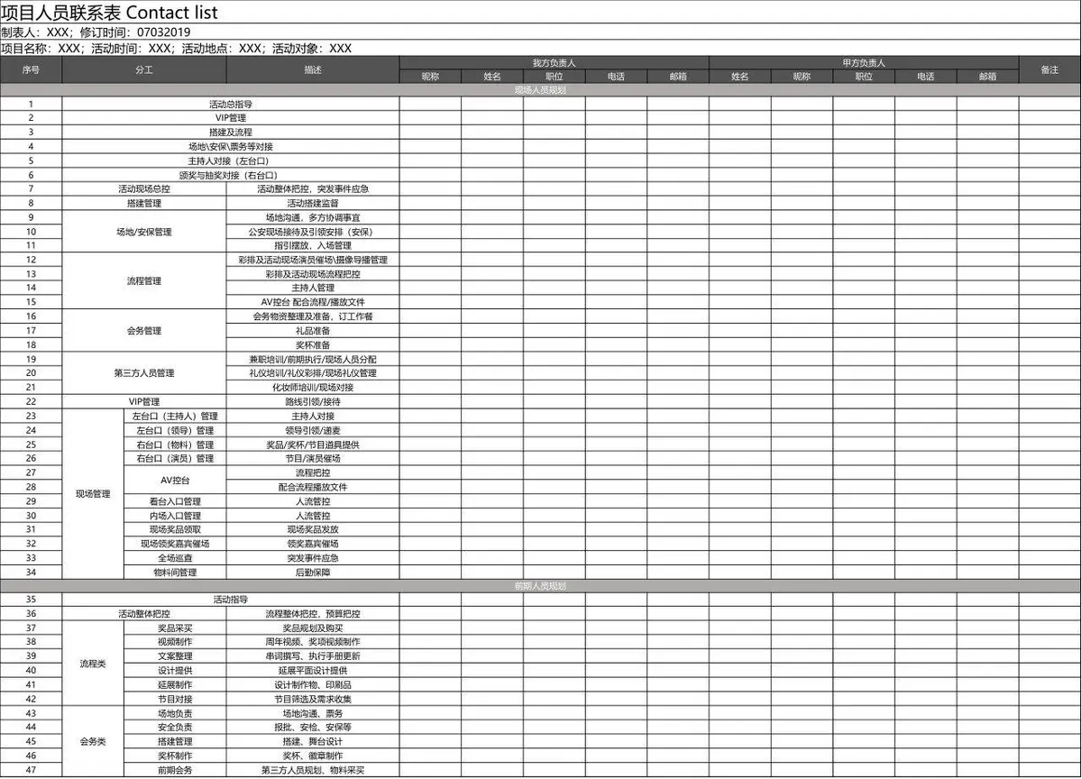 项目人员联系信息登记Excel表格模板 - 第1页