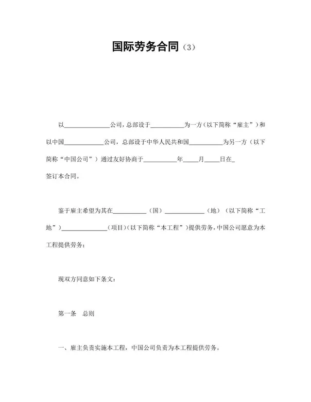 国际劳务合同标准正式文档模板 - 封面预览