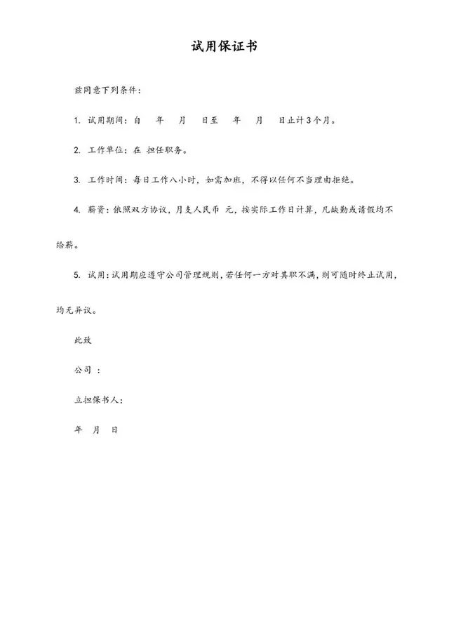通用企业员工试用保证书标准Word文档模板 - 封面预览