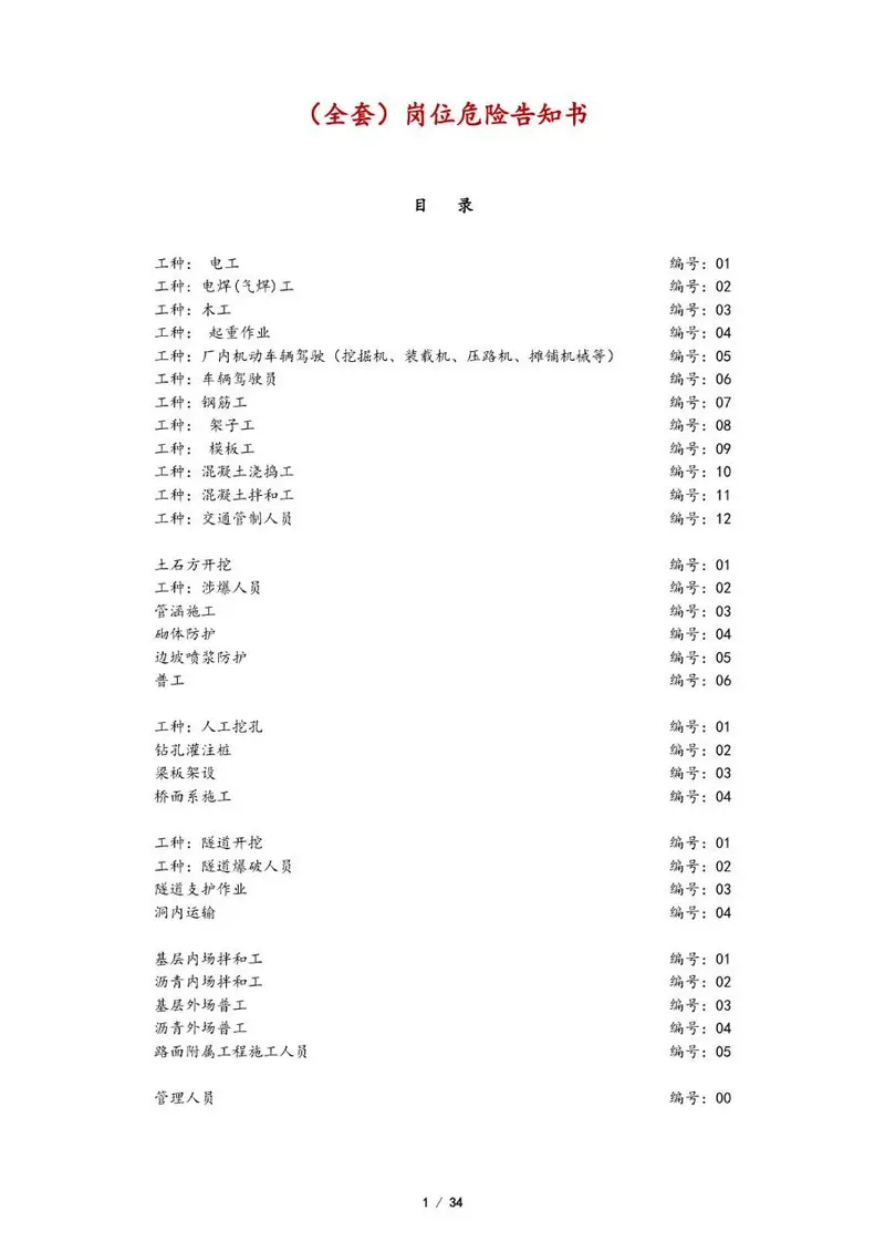 全套岗位危险告知书Word文档模板 覆盖多工种施工安全风险告知场景 - 封面预览
