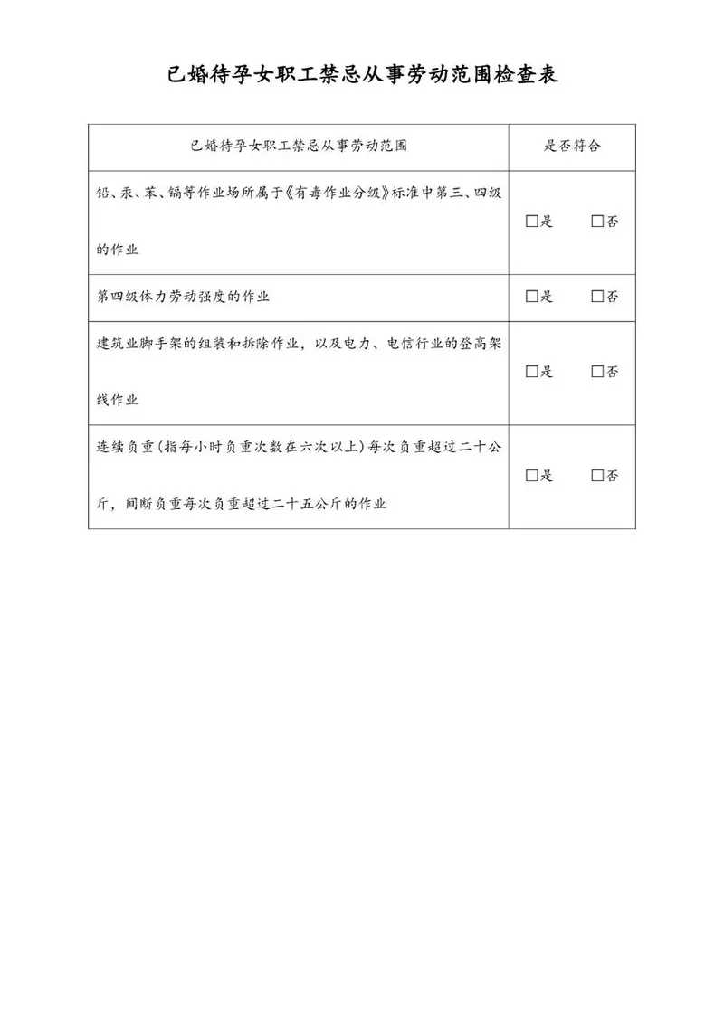 已婚待孕女职工禁忌从事劳动范围检查Excel表格模板 - 封面预览