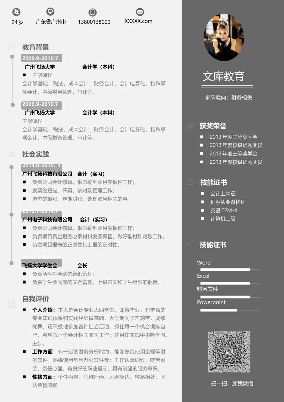 财务相关岗位求职简历Word模板 会计学专业应聘个人简历 - 第1页