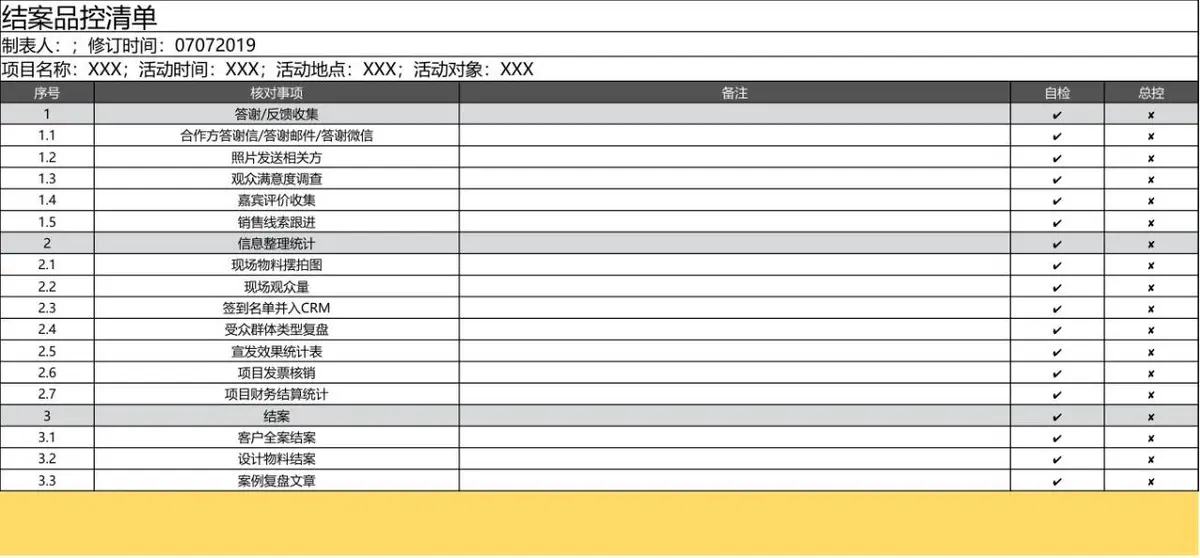 项目需求品控清单Excel表格 活动项目全流程需求核对登记模板 - 第9页