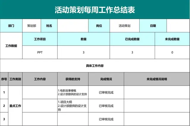 活动策划每周工作总结Excel表格模板 - 封面预览