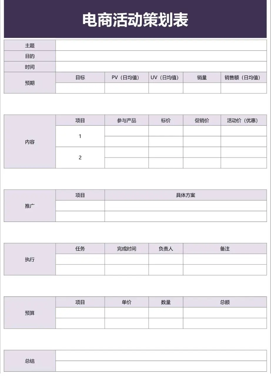 电商活动策划表Excel表格 电商运营活动全流程规划统计模板 - 第1页