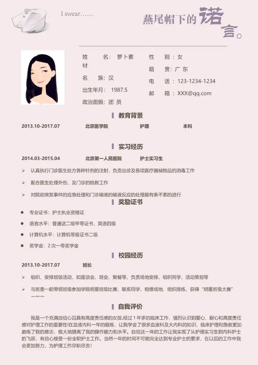 淡粉水彩花卉风格临床护士求职简历Word模板 - 第2页