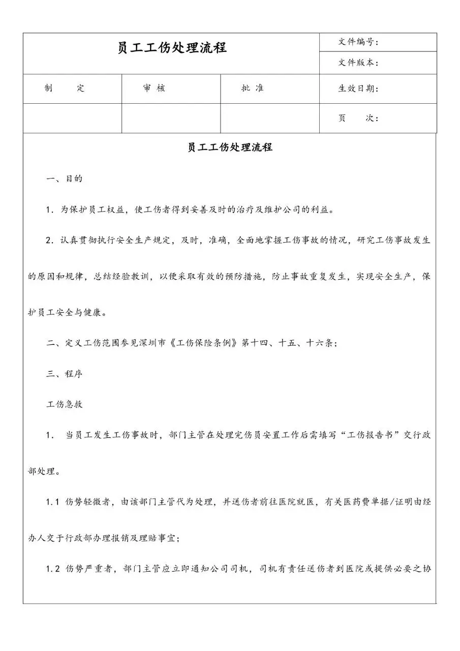 员工工伤处理流程规范文档 企业人事行政工伤事务管理参考模板 - 第1页