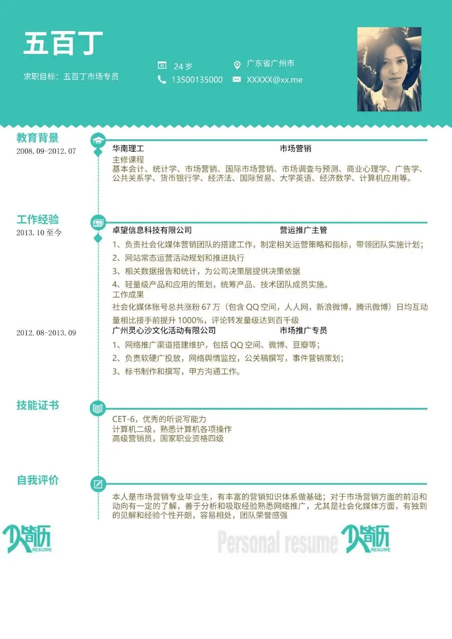 市场专员岗位求职个人简历Word模板 - 第1页