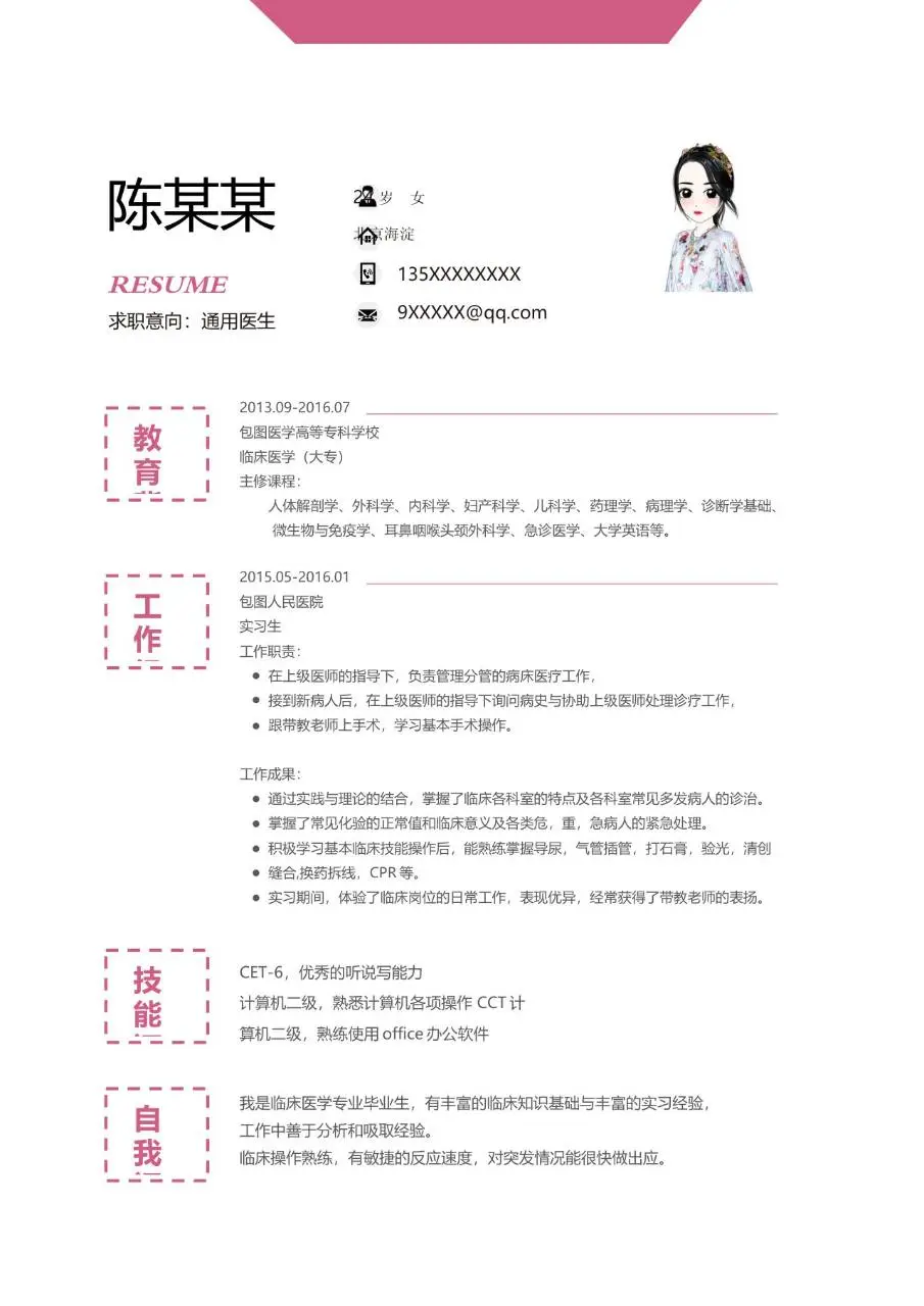 粉色简约医护教育类通用医生求职个人简历Word模板 - 第1页