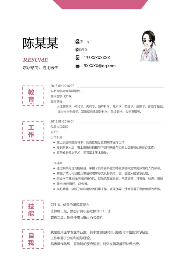 粉色简约医护教育类通用医生求职个人简历Word模板 - 封面预览