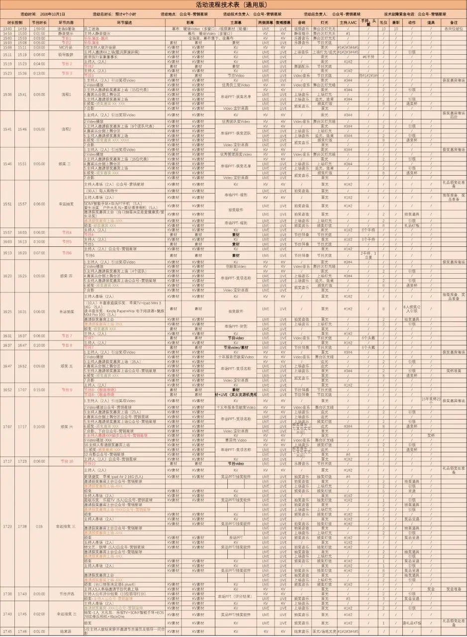 通用版活动流程技术表Excel表格 大型晚会活动执行统筹进度安排表 - 第1页
