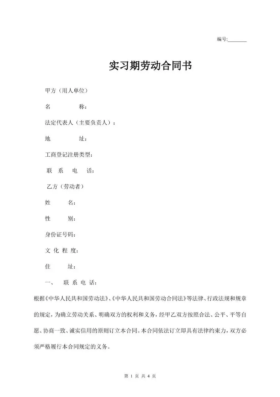 实习期劳动合同书标准正式用工协议文档模板 - 第1页
