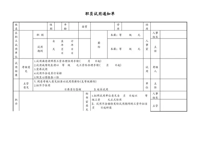 职员试用通知单Excel表格模板 用于企业员工试用期考核与人事手续登记 - 封面预览