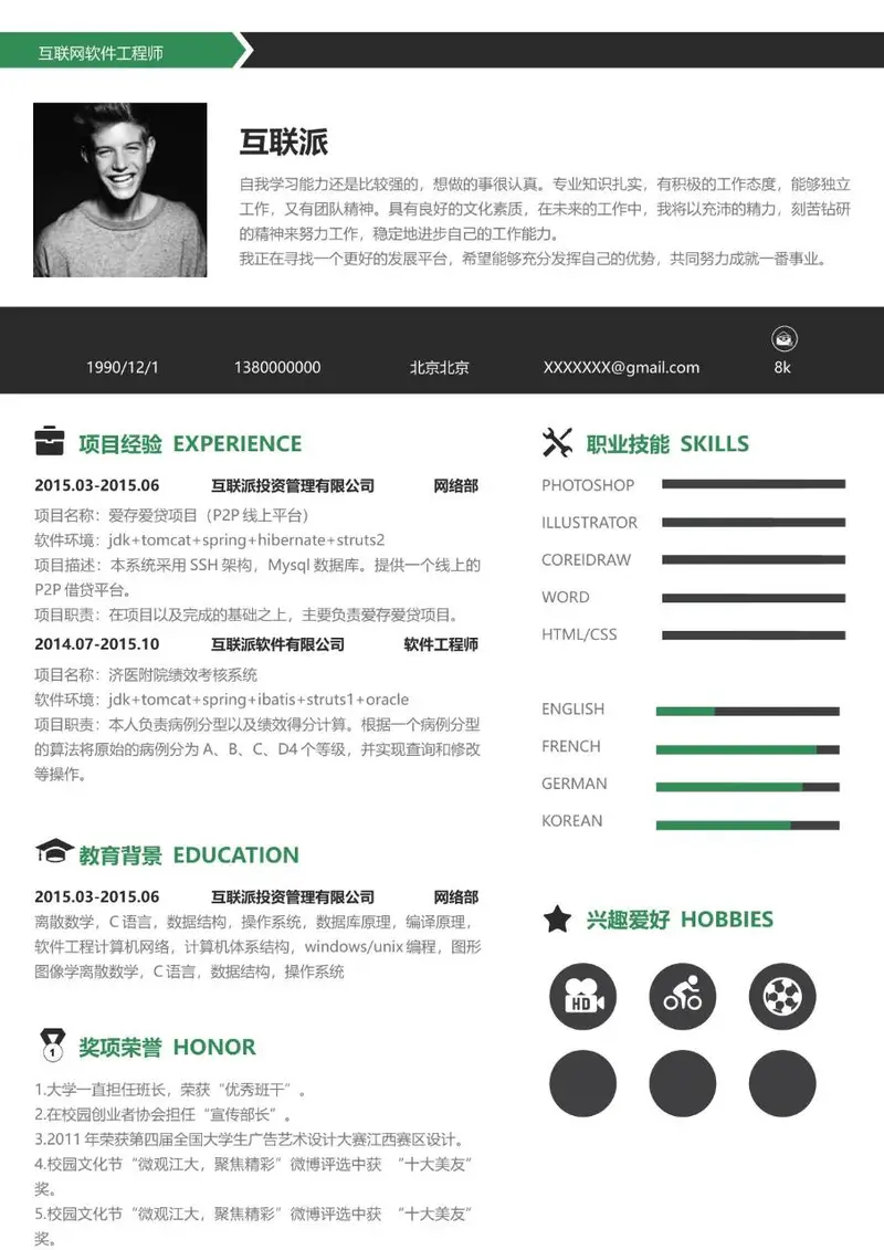互联网软件工程师求职简历Word模板 含项目经验技能展示等完整模块 - 封面预览