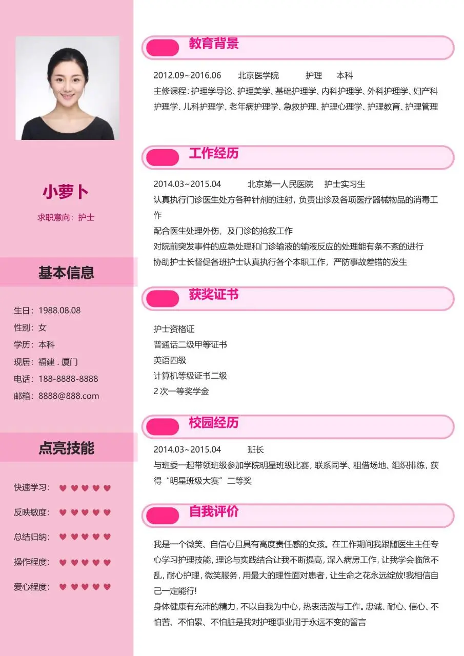 粉色爱心医疗医护风格个人求职简历Word模板 - 第2页