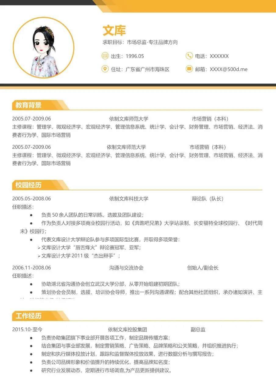 市场总监岗位求职简历Word文档模板 - 第1页