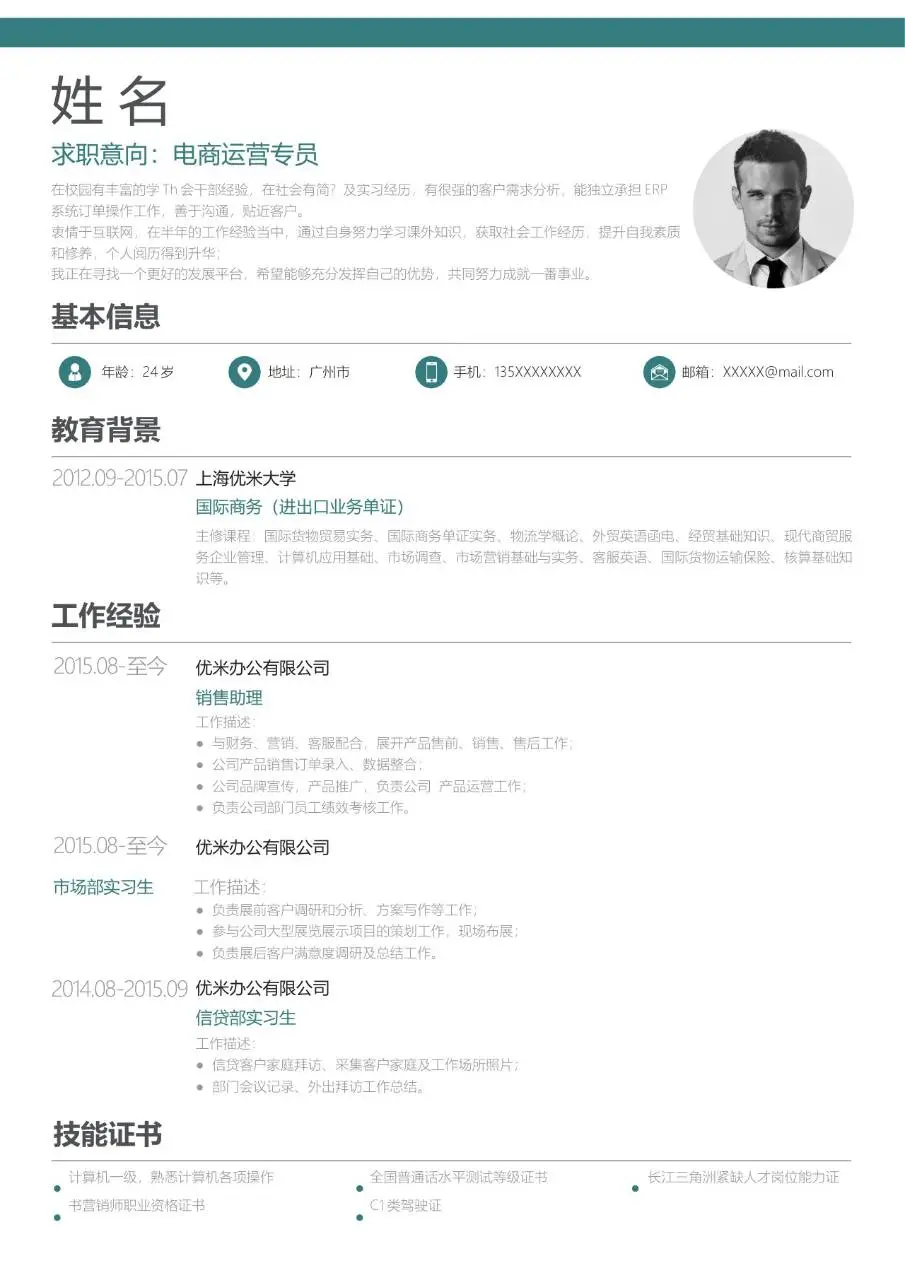 电商运营专员求职简历个人应聘简历Word模板 - 第1页