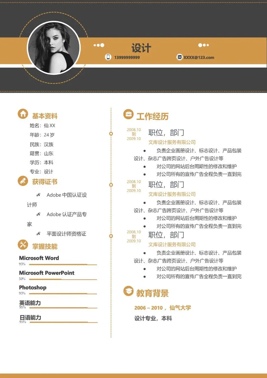 文艺创意设计师求职个人简历Word模板 - 第1页