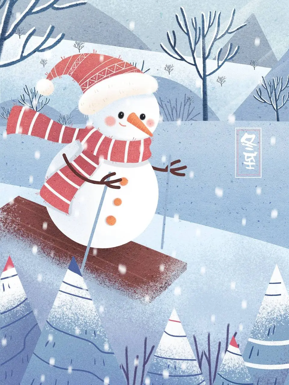冬至节气可爱雪人滑雪手绘插画海报PSD设计素材 - 第1页