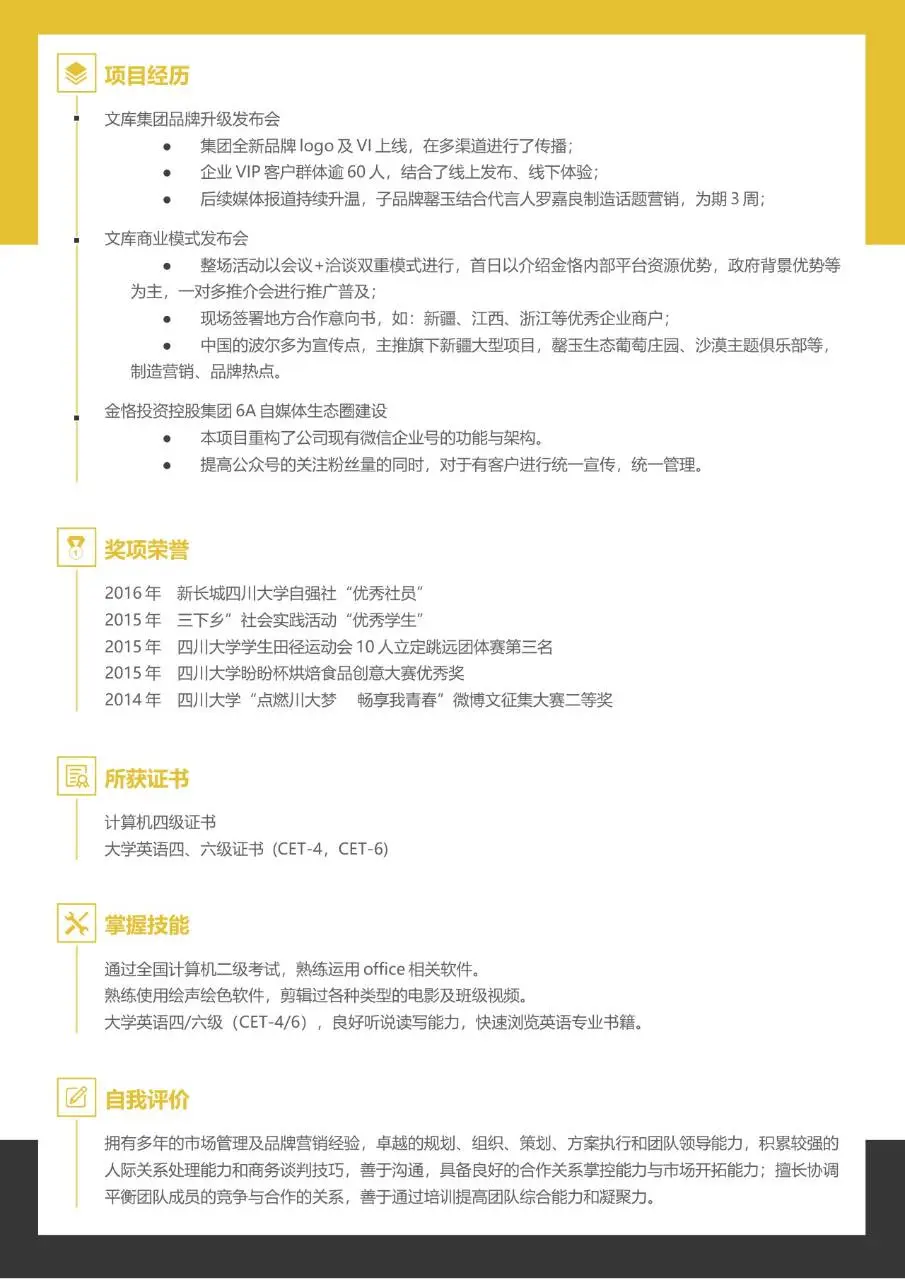 市场总监品牌方向求职简历Word模板 含教育背景工作经历完整模块 - 第2页
