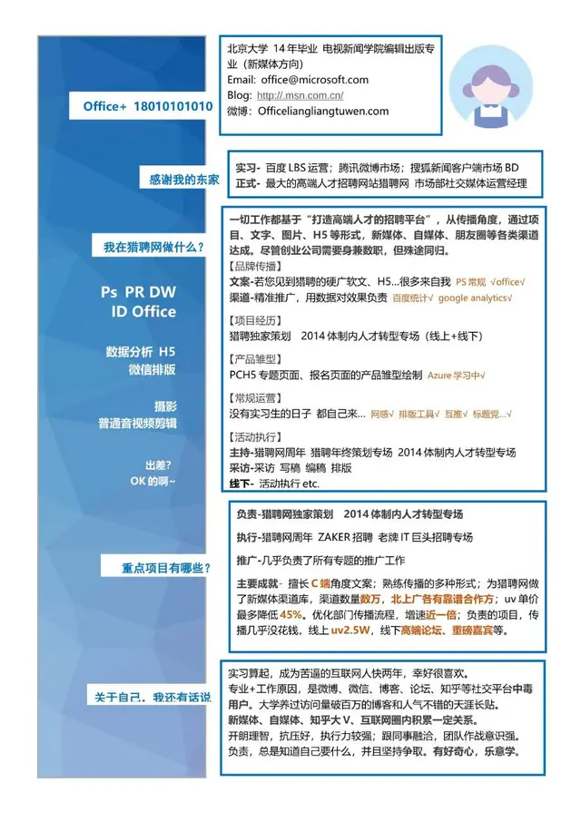 蓝色商务风新媒体运营岗位求职简历Word模板 - 封面预览