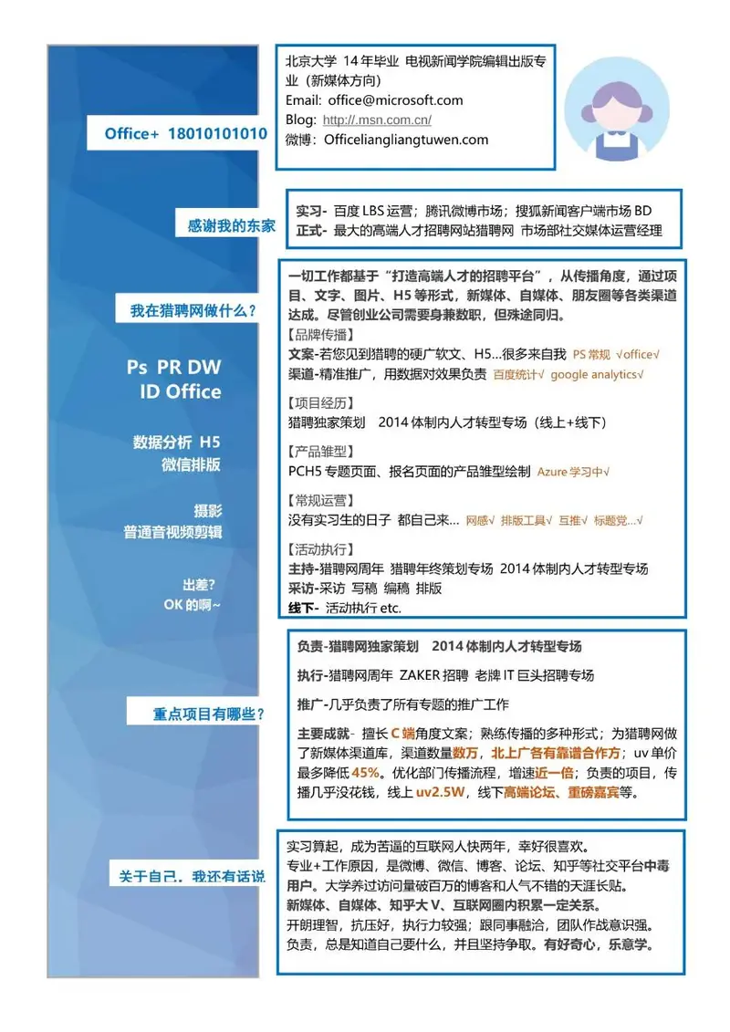 蓝色商务风新媒体运营岗位求职简历Word模板 - 封面预览