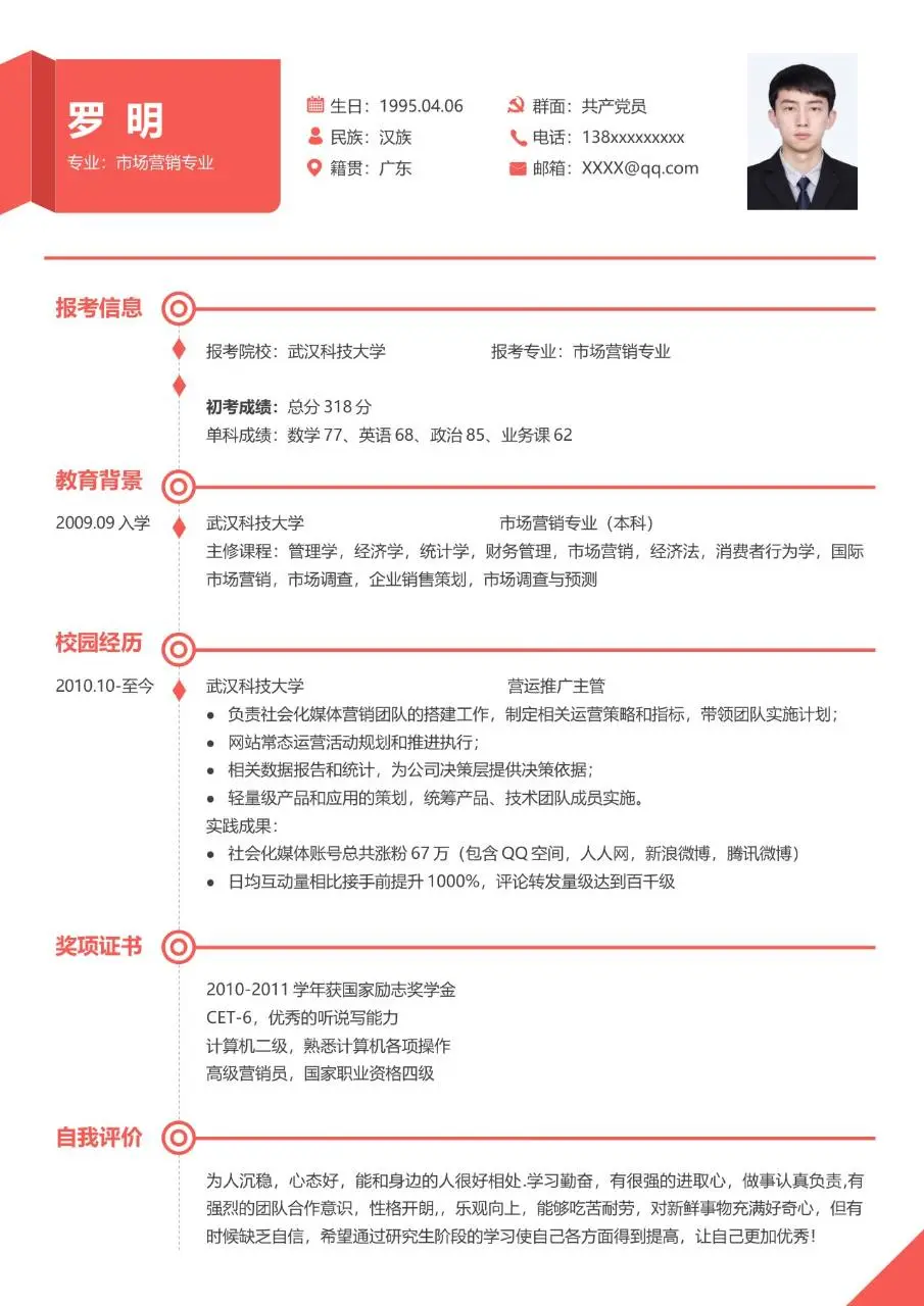 市场营销专业考研复试求职个人简历Word模板 - 第1页
