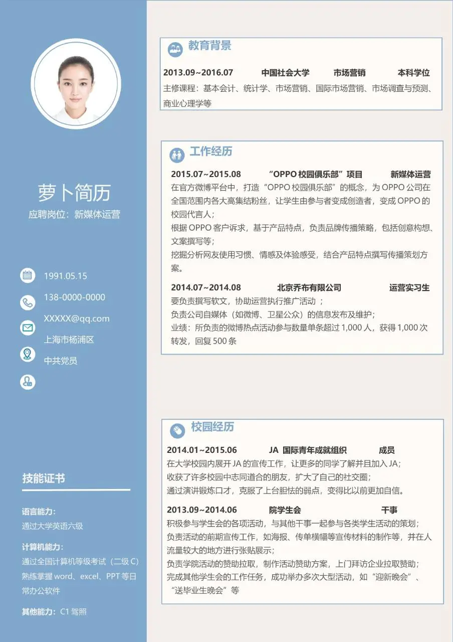 新媒体运营岗位求职个人简历Word模板 - 第1页
