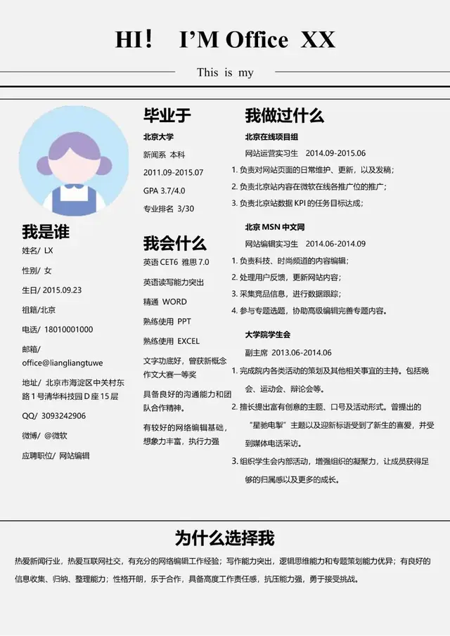 简约清新求职个人简历Word模板 适用于网站编辑岗位应聘展示个人信息 - 封面预览
