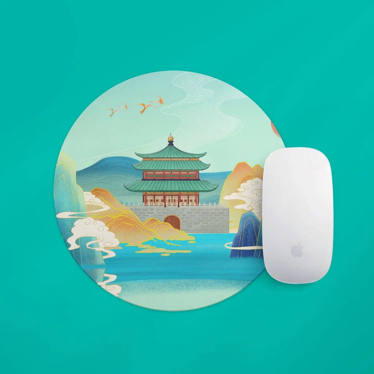 国潮古风中式古建筑山水插画圆形鼠标垫设计PSD素材 - 第1页