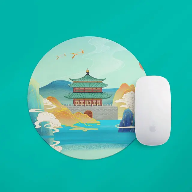 国潮古风中式古建筑山水插画圆形鼠标垫设计PSD素材 - 封面预览