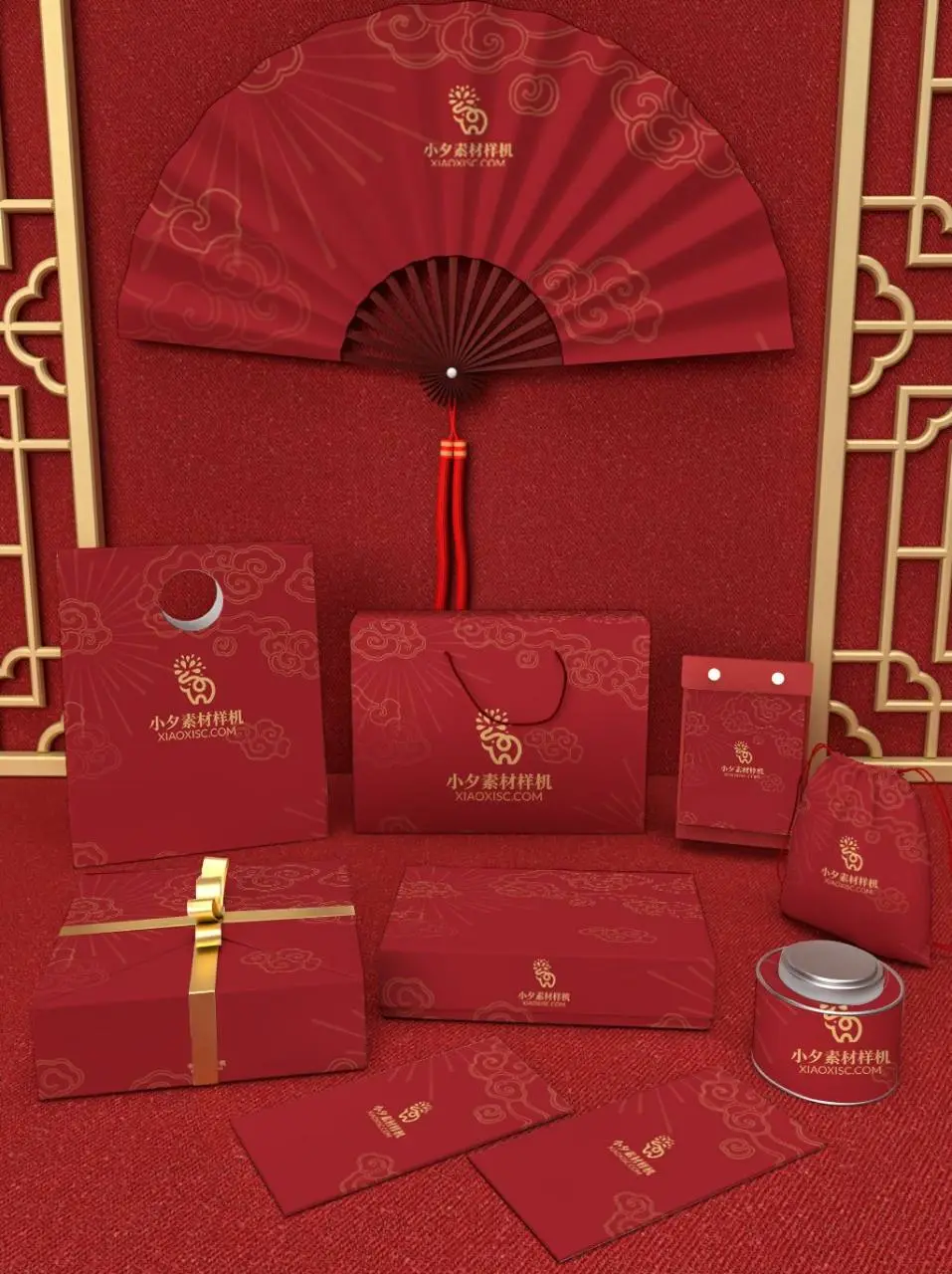 红色国潮新年中秋礼盒品牌VI包装展示PSD样机素材 - 第1页
